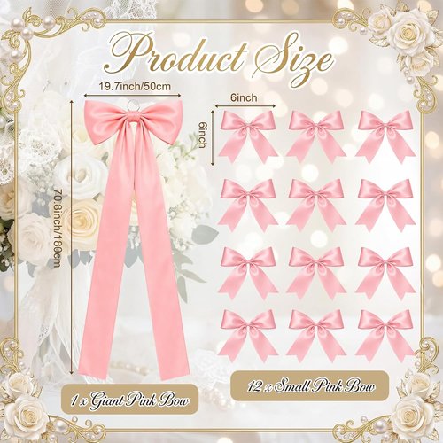 Crowye Large Pink Bow Decor Set - 71x20 Giant Coquette Bow & 12 Small 6" Bows for Weddings, Parties & Showers
