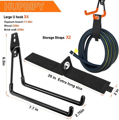 HUPBIPY Heavy Duty Garage Hooks - 7.7-Inch U-Shaped Hangers with Cord Organizers | Wall-Mounted Tool Storage