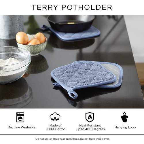 DII Basic Terry Collection Quilted 100% Cotton, Potholder, Blue, 3 Piece