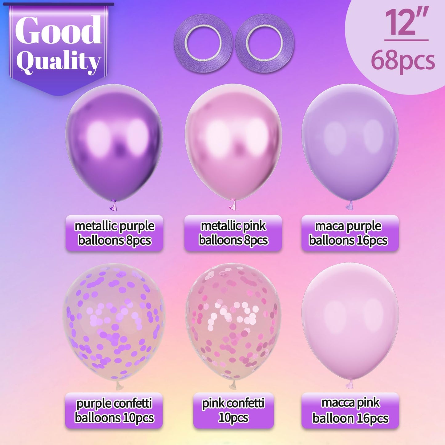 KAWKALSH 68pcs Pink and Purple Balloons, 12 Inch Metallic Purple Pink Confetti Latex Balloons with Ribbon, Party Balloons for Girls Birthday Baby Shower Wedding Party Decorations