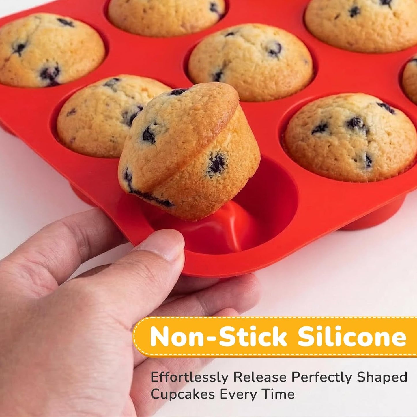 Skiennix Silicone Cupcake Pan - Nonstick 12-Cup Baking Mold | Durable, Flexible & Easy to Clean - Red