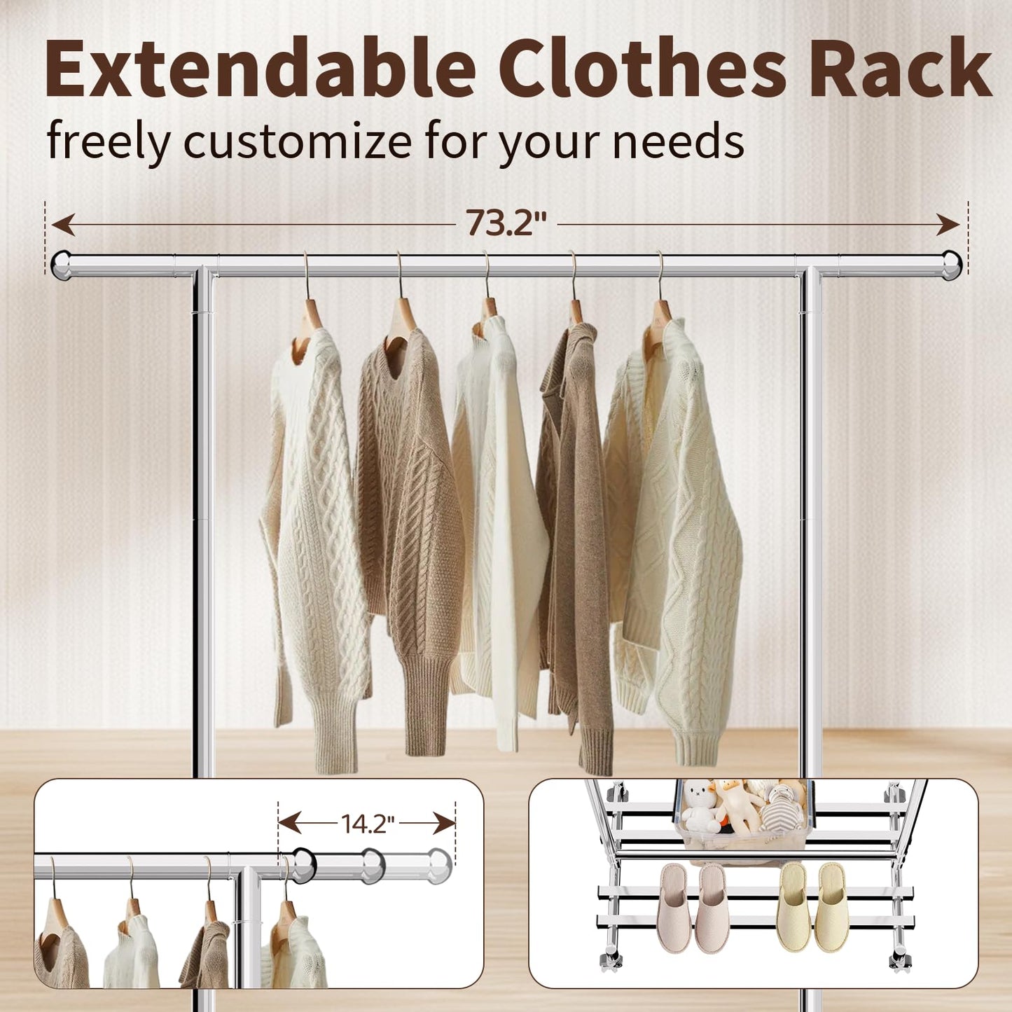 mahumahu Clothes Rack, 480LBS Clothing Rack with Wheels & Shelf, Rolling Racks for Hanging Clothes Portable Adjustable Garment Racks