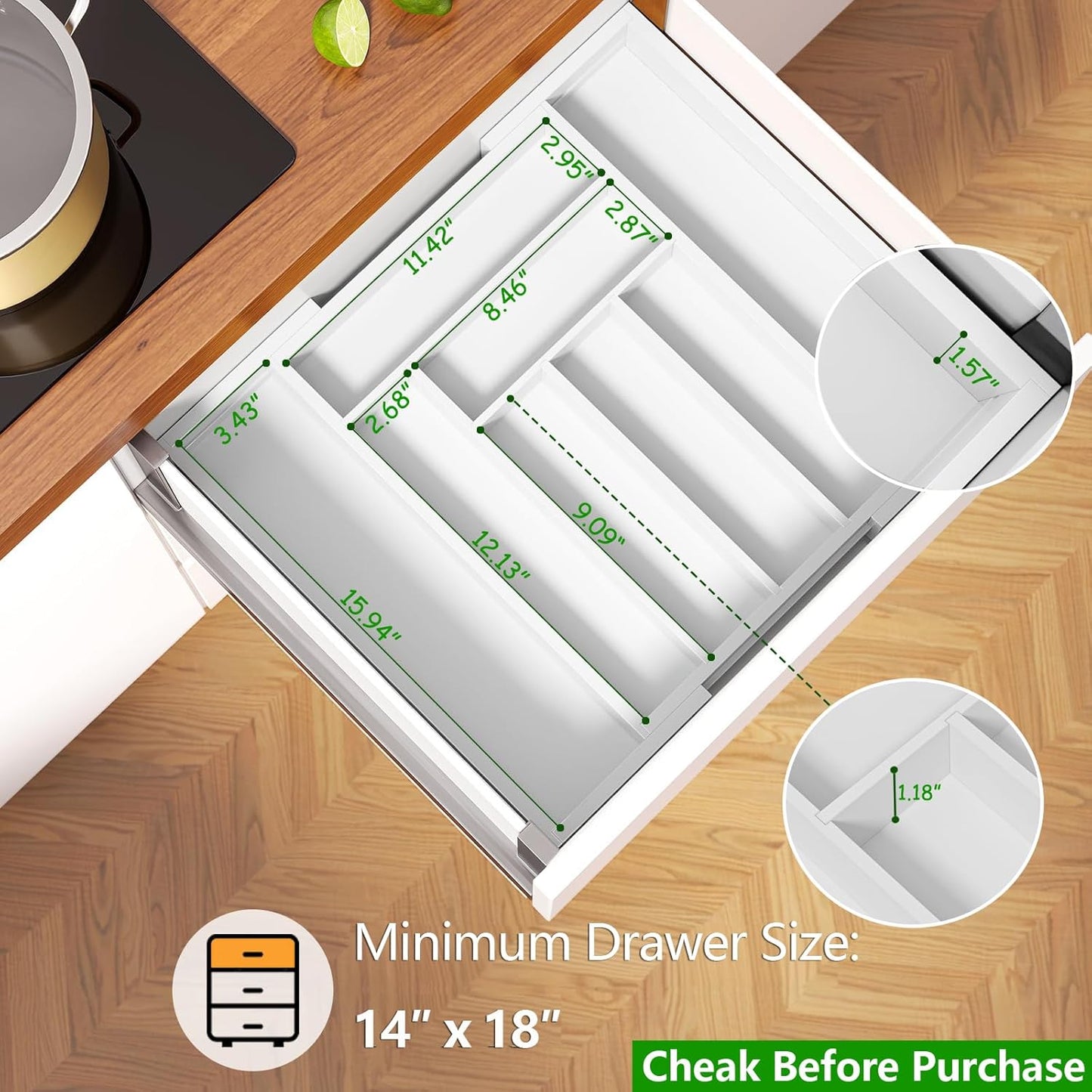 Pipishell Bamboo Drawer Organizer - Adjustable Utensil Holder & Cutlery Tray | White Wood Dividers