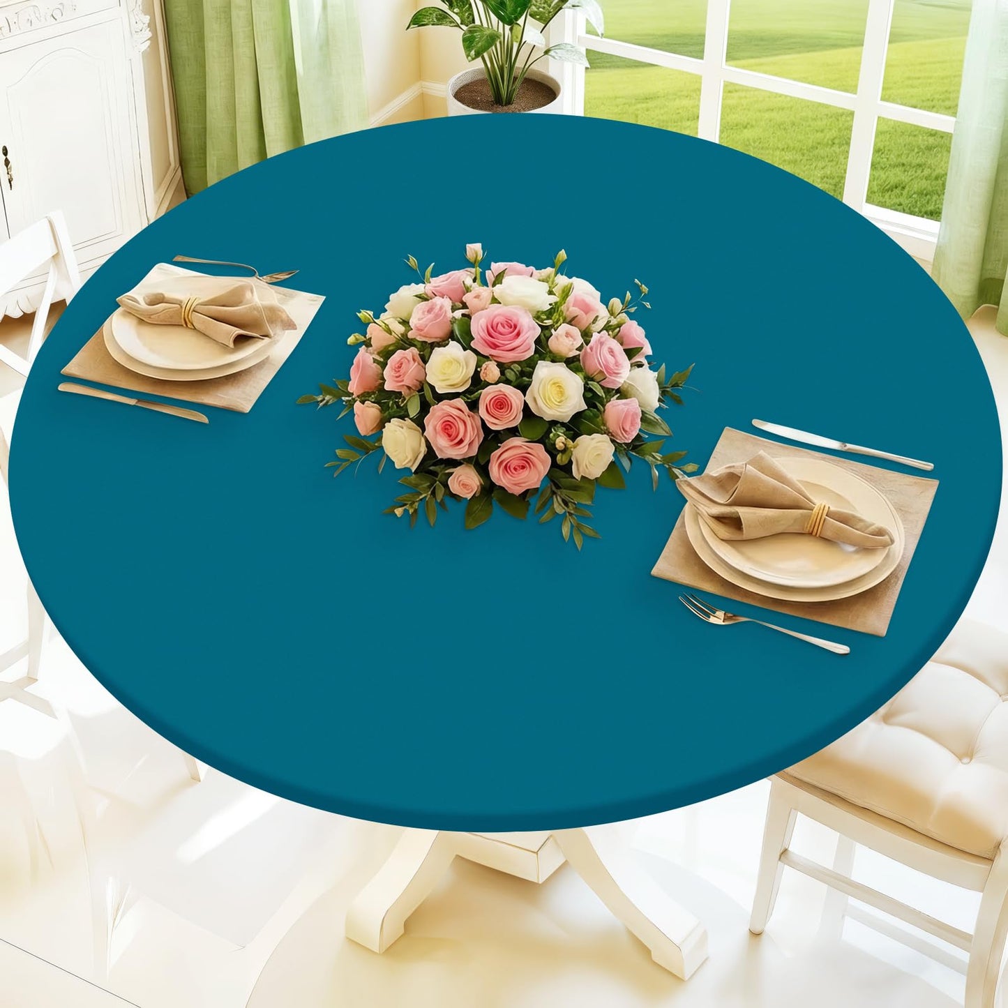 Moosfor Round Spandex Tablecloth, Elastic Fitted Waterproof Tablecloths for 45"-56" Tables, Stretch Washable Picnic Table Cover for Camping, Dining, Indoor and Outdoor,Peacock Blue