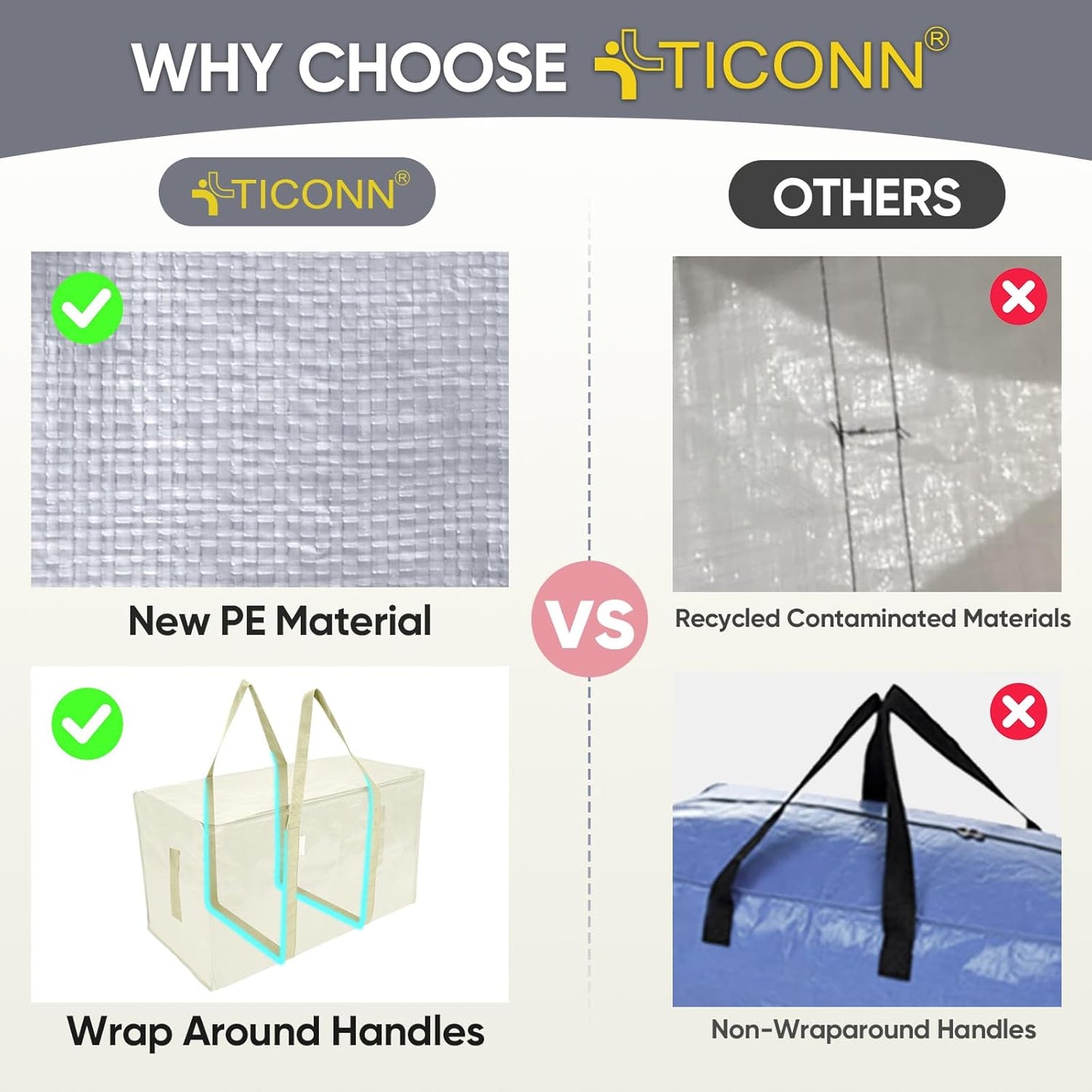 TICONN Extra Large Moving Bags - Heavy Duty Storage with Zippers & Handles | 6 Pack, Cream Color