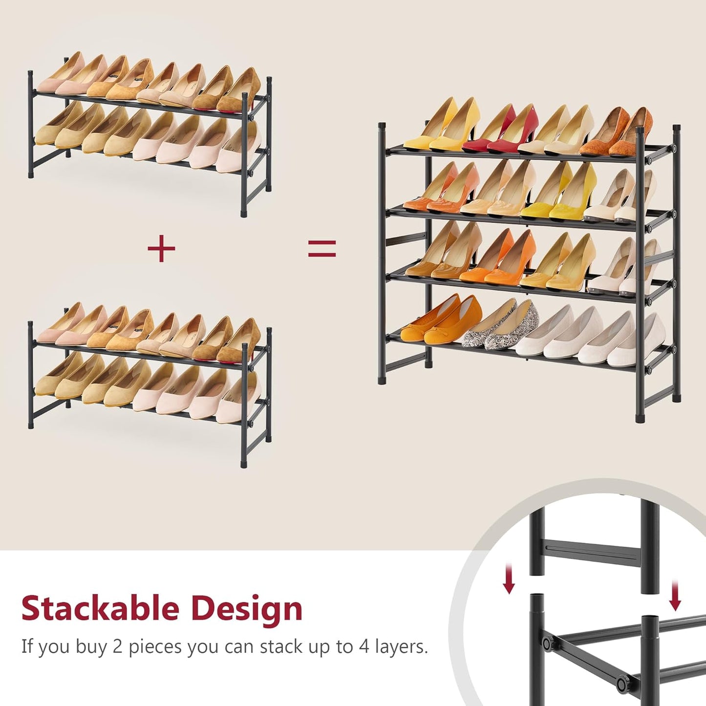 Tajsoon Expandable Shoe Rack - 2 Tier Adjustable & Stackable Metal Organizer | 28"-41" Black Storage Solution