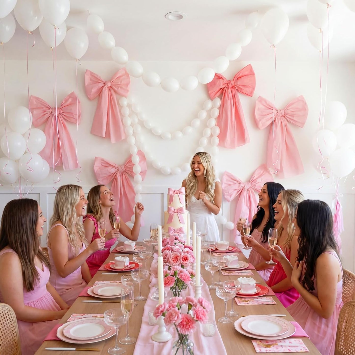Pink Bow Birthday Decorations Set - 4 DIY Giant Wall Bows & 100 Link Balloons for Cute Party Decor