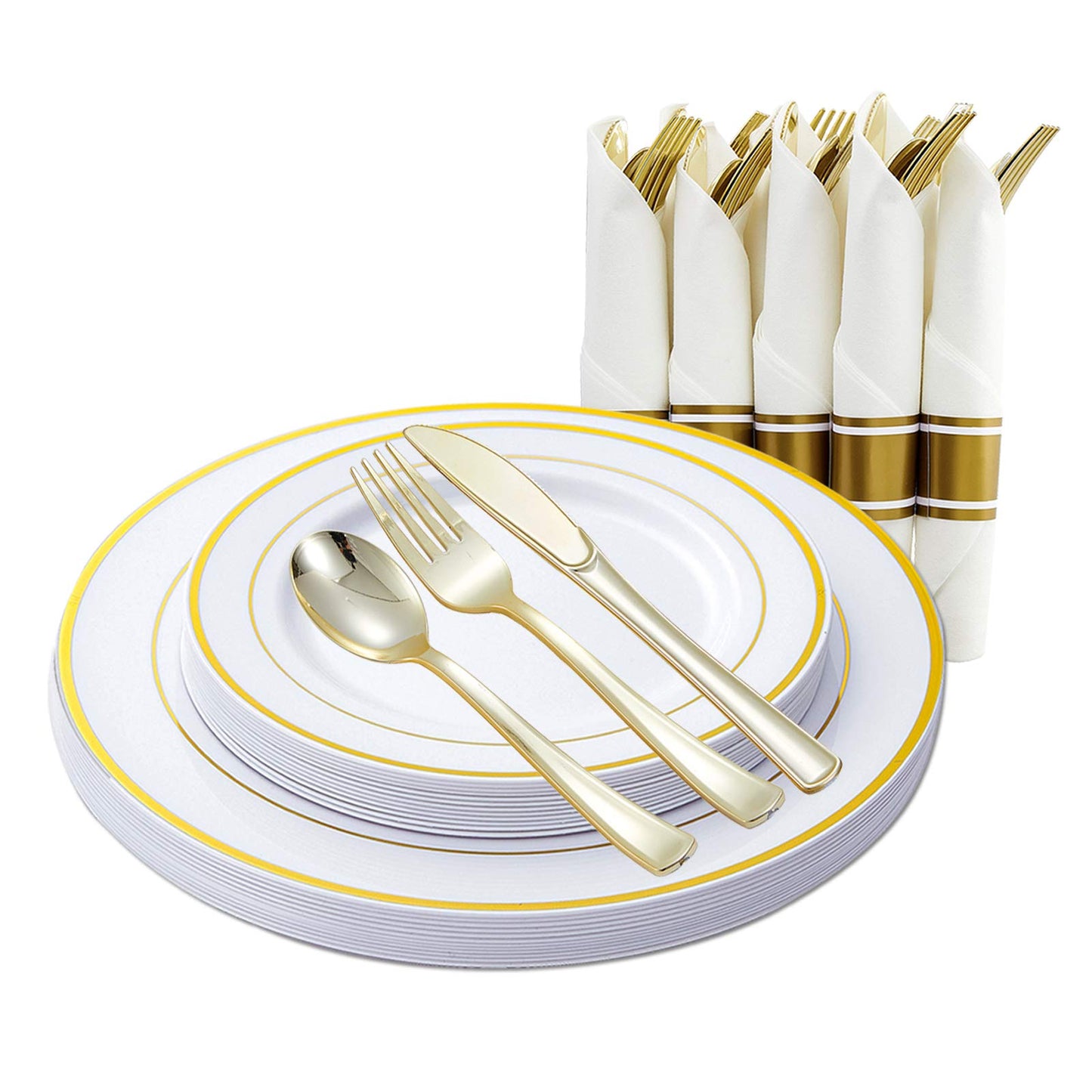 Gold Plastic Plates and Disposable Silverware w/Per-Rolled Napkins,Home Parties Heavy Duty Dinnerware incl Dinner Plates,Linen Like Napkin, Cutlery(72 pcs,12 Guests)