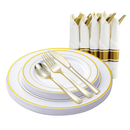 Gold Plastic Plates and Disposable Silverware w/Per-Rolled Napkins,Home Parties Heavy Duty Dinnerware incl Dinner Plates,Linen Like Napkin, Cutlery(72 pcs,12 Guests)