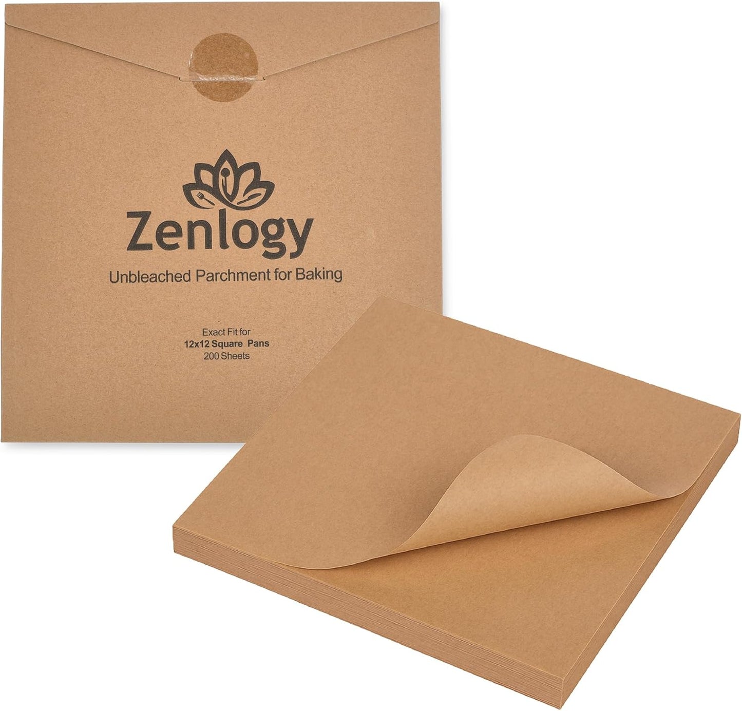 Zenlogy Parchment Paper Squares - Unbleached, High Heat, Non-Stick, 12x12 Inches | 200 Pre-Cut Sheets for Baking & Air Frying