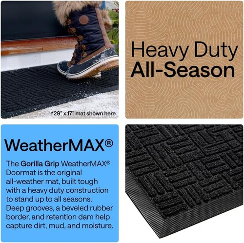 GORILLA GRIP Waterproof All-Season WeatherMAX Doormat - 47x35 Natural Rubber, Stain & Fade Resistant, Easy Clean Black Maze