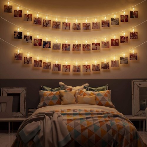 CozyHome - 5.5YD photo string with clips battery with timer remote | 30x light clips led | hanging fairy picture indoor | photo lights with clips | clip lights for girl pictures | teen girl room decor