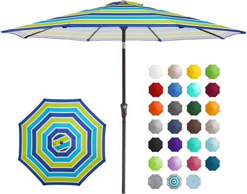 JEAREY 9FT Outdoor Patio Umbrella - Push Button Tilt & Crank | UV Protection, Waterproof - Blue-Green Stripe