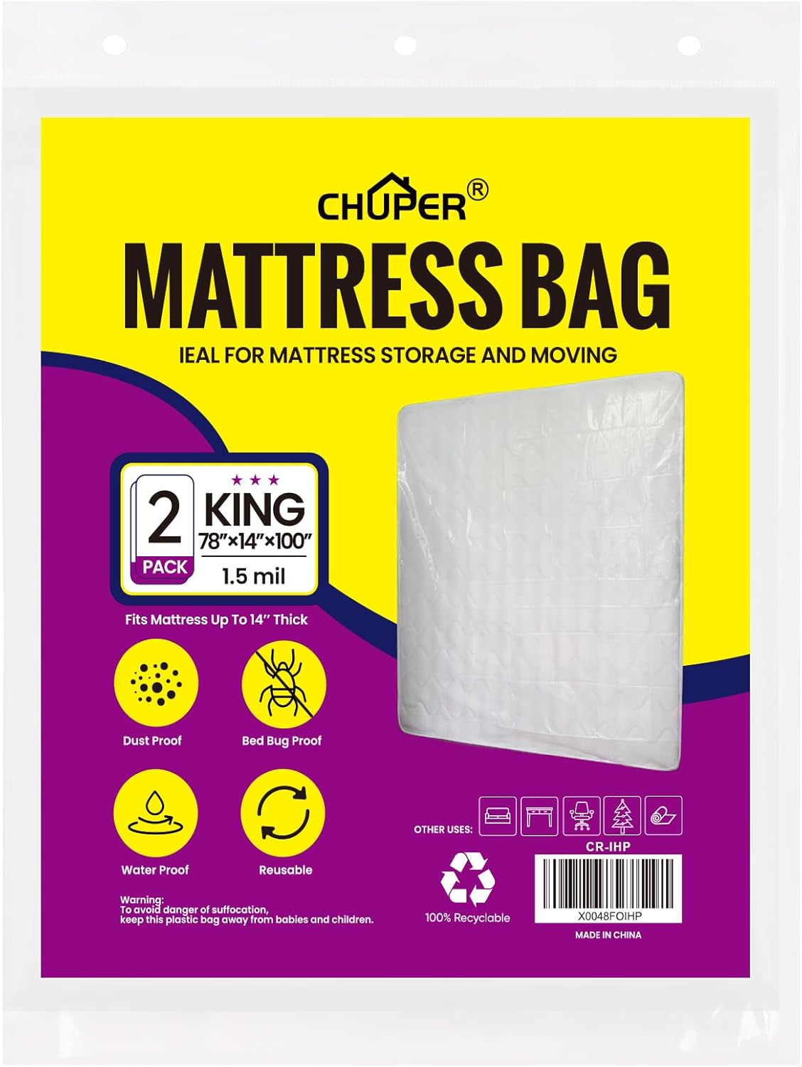 Skiennix King/California King Mattress Bag - Waterproof Plastic Cover for Moving & Disposal | 2 Pack