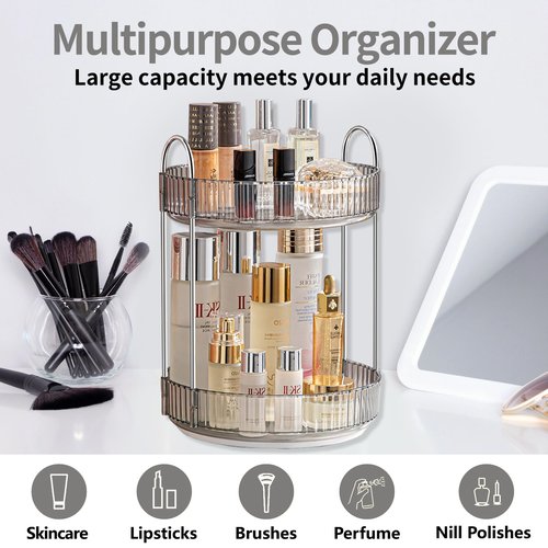 Asayuee 360 Rotating Makeup Organizer for Vanity,Bathroom Countertop Organizer,Spinning Perfume Organizer&Vanity Organizer(Grey-2 Tier)