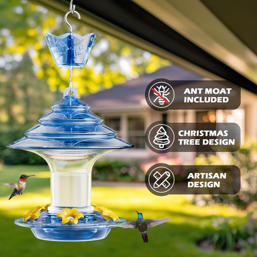 Birdream Hummingbird Feeder - 20 Oz Outdoor Feeder with 5 Bee Guard Ports & Ant Moat - Blue