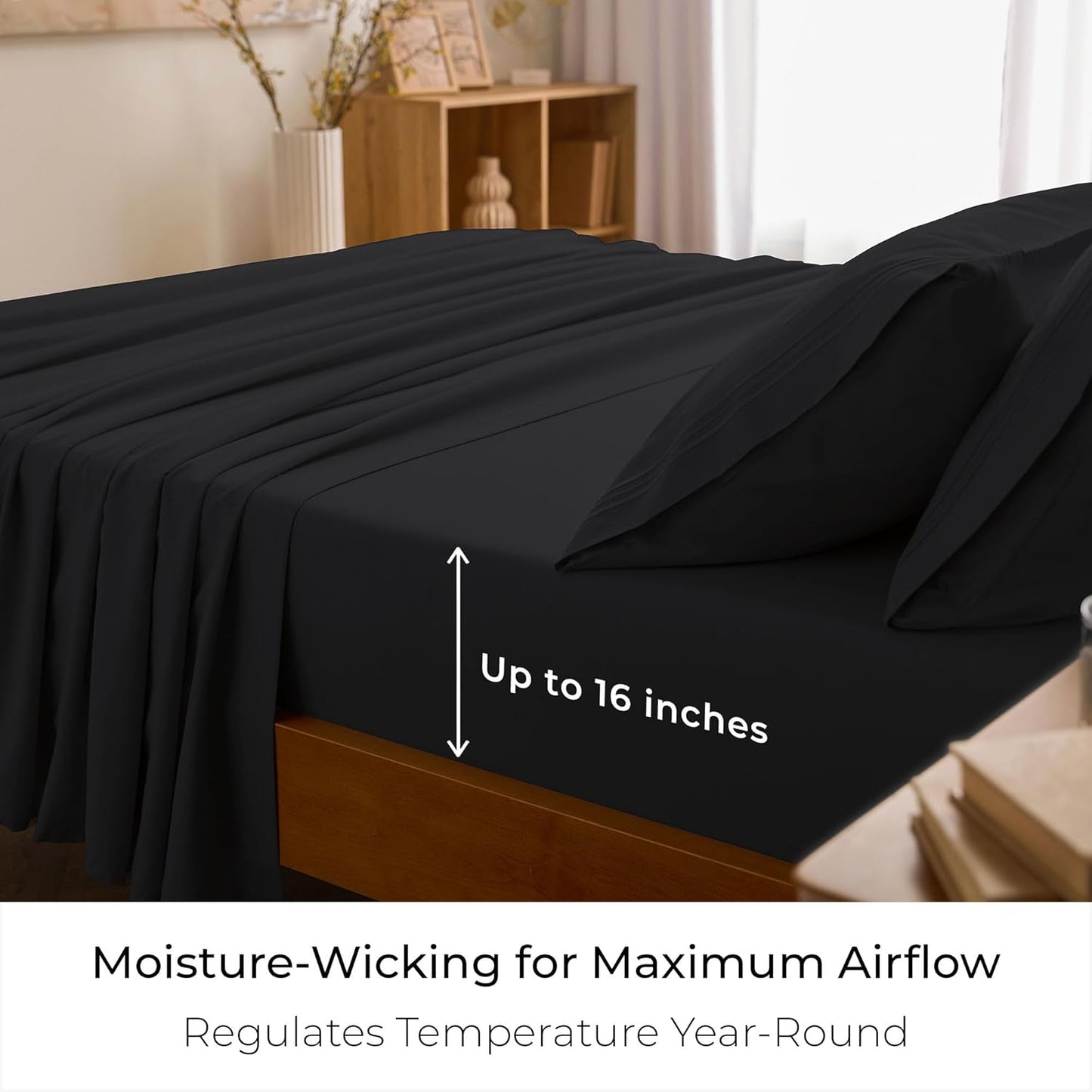 Mellanni Queen Sheets Set - 4 PC Hotel Luxury Bedding | Extra Soft, Cooling, Wrinkle-Resistant (Black)
