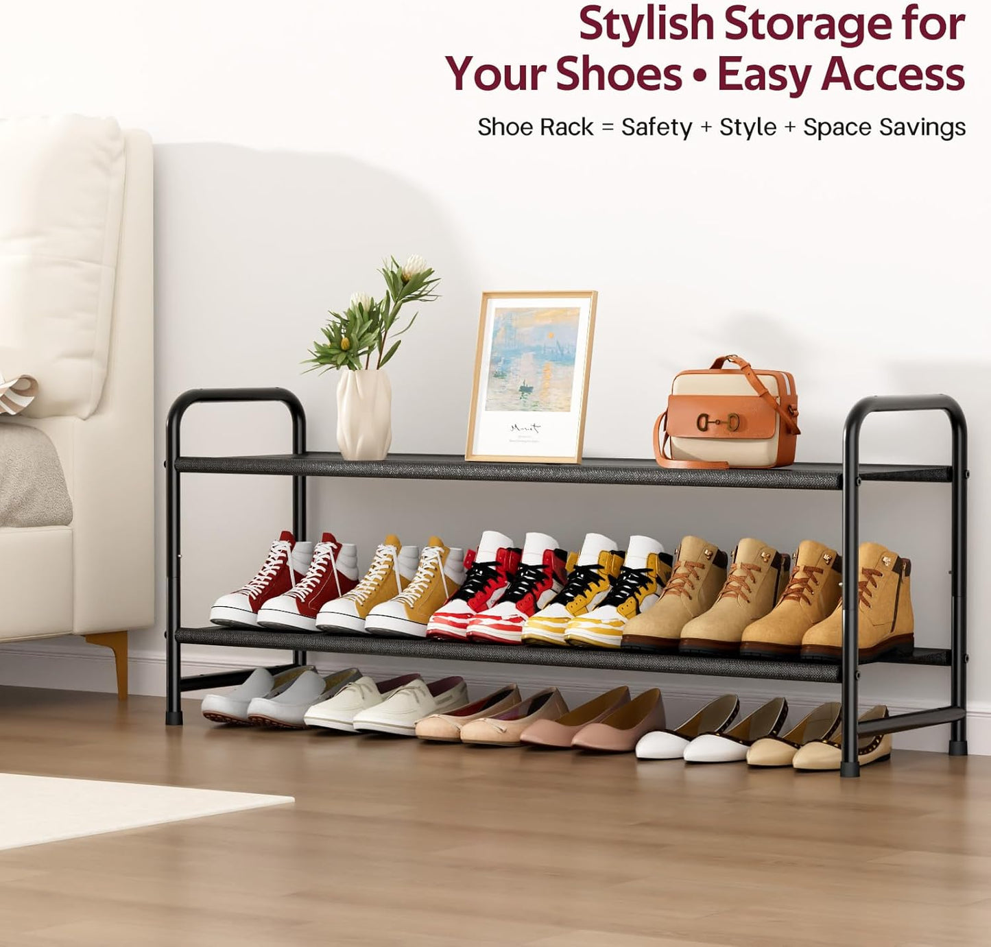 Sleeping Lamb Long 2-Tier Shoe Organizer - Stackable Rack Holds 18 Pairs | Black Storage Solution for Closet & Entryway