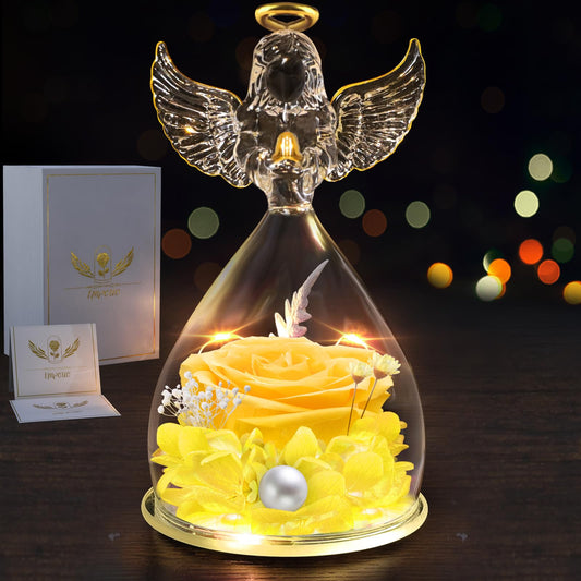 Impouo Angel Gifts for Women, Preserved Rose Flower in Glass Angel Figurines with LED Light, Mother's Day and Christmas Thanksgiving, Valentine's Day, Birthday Gifts for Grandma, Mom, Wife