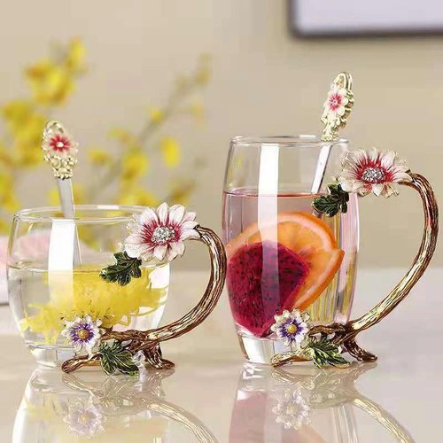 FDINF Tea Cup Gifts for Mom Women Mothers Day Glass Coffee Enamels Mug Birthday Butterfly Rose Gifts for Her Valentines Day Christmas Tea Cup with Spoon (A-Cup-Short-Chrysanthemum)