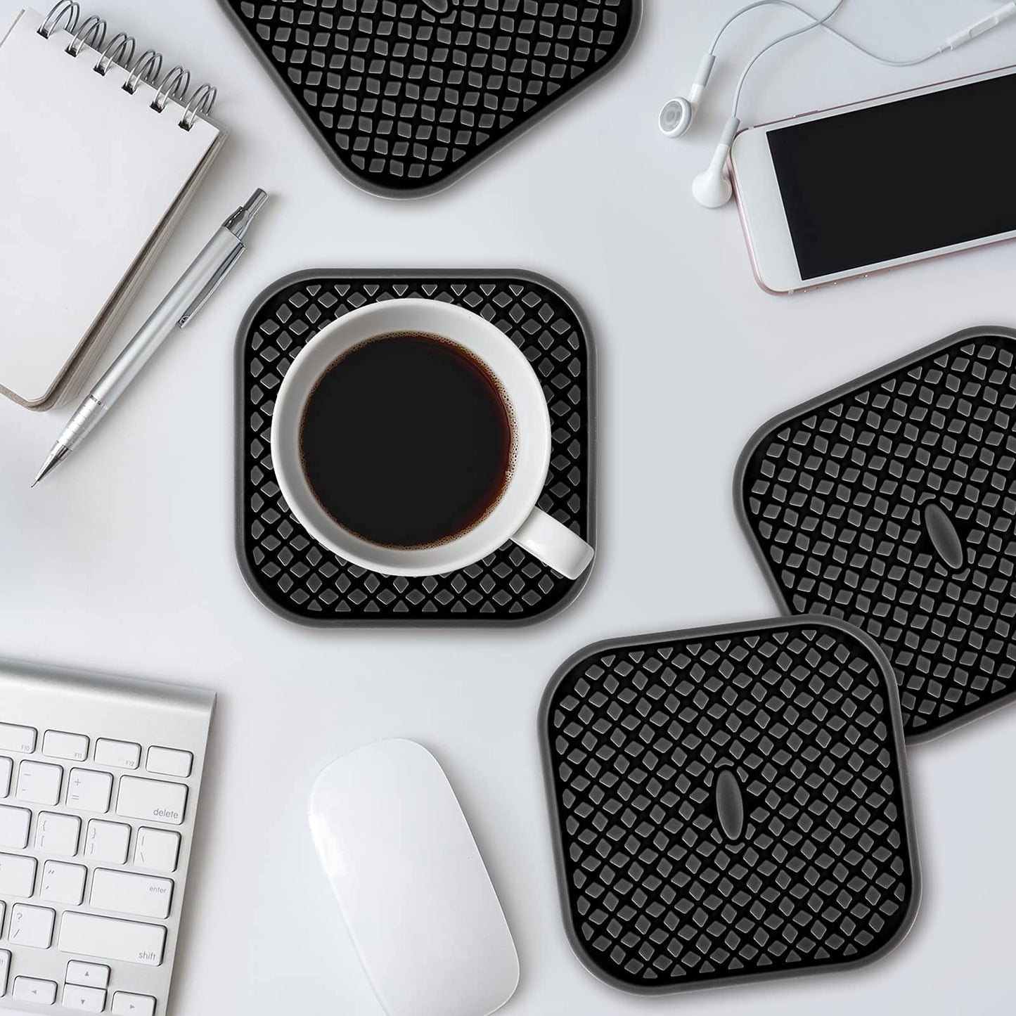 ME.FAN Silicone Coasters with Holder [6 Pack] Square Drink Cup Mat - Non-Slip, Non-stick, Stay Put, Deep Tray - Prevents Furniture and Tabletop Damages Black
