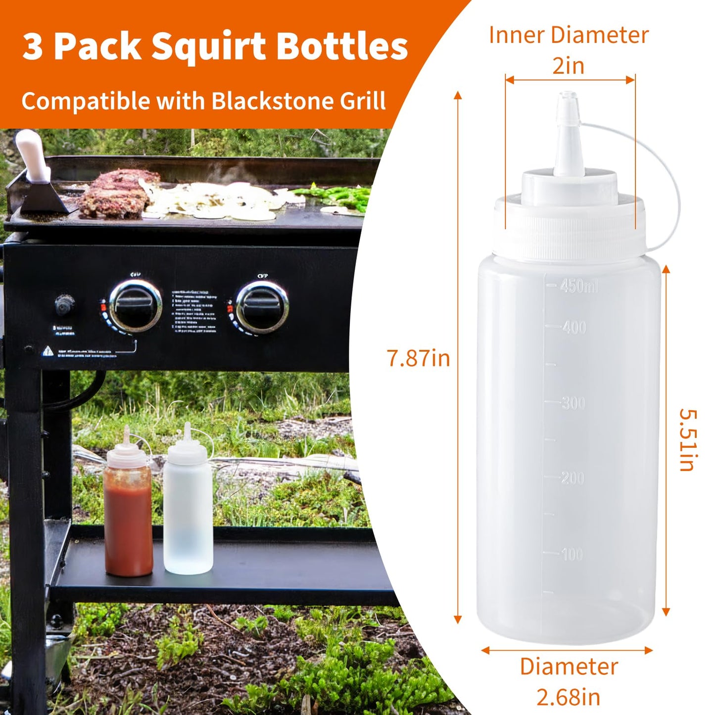 Squirt Bottles Compatible with Blackstone Grill - 16 OZ Empty Squeeze Bottles with Cap, Non-Leakage, Squeeze Bottle for Water, Oil, Sauces, BBQ Griddle Accessories for Cooking and Basting, 3 Pack