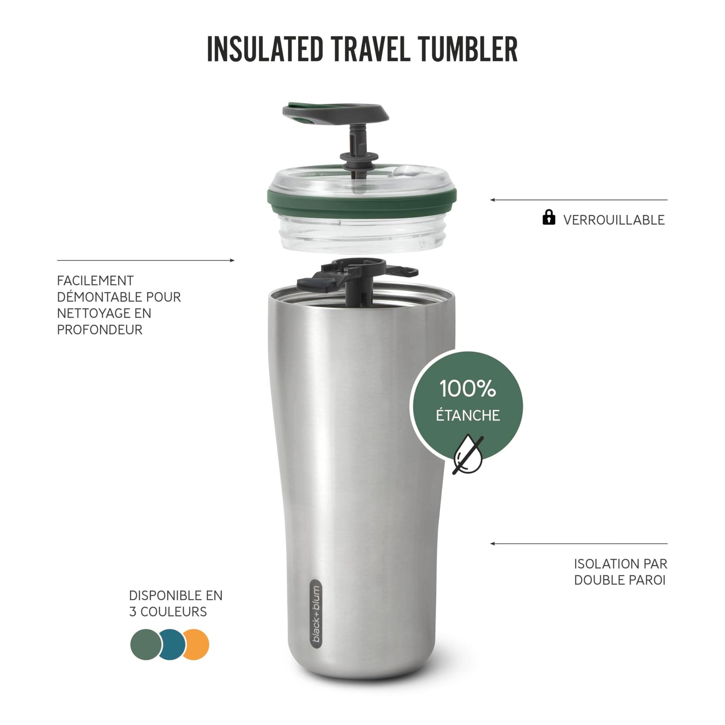 BLACK + BLUM - Insulated Tumbler - 18/8 Stainless Steel Vacuum Insulated Travel Tumbler with Leak Proof, Lockable Lid - Keeps Hot for 6hrs, Cold for 8hrs, Ocean - 600ml