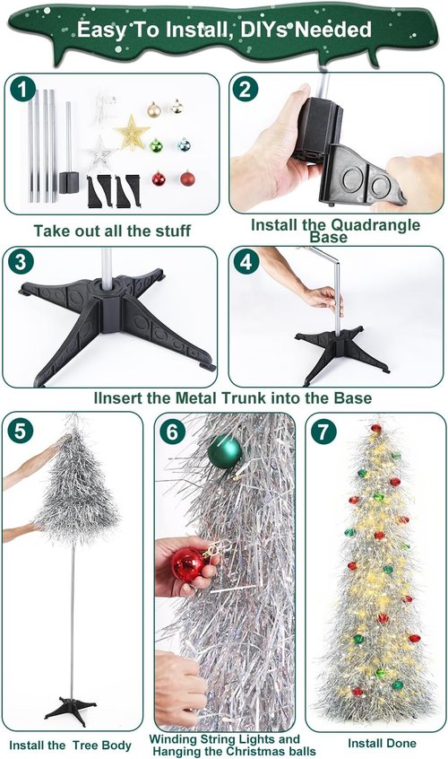 BrilliantJo 6ft Artificial Christmas Tree - Lighted & Ornamented | Collapsible Tinsel Design for Holiday Decor