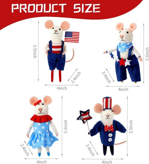 Hahafelt 4 Pcs 4th of July Felt Mice Ornaments - Cute Patriotic Wool Mouse Set for Memorial Day Decor | 3.94 Inch