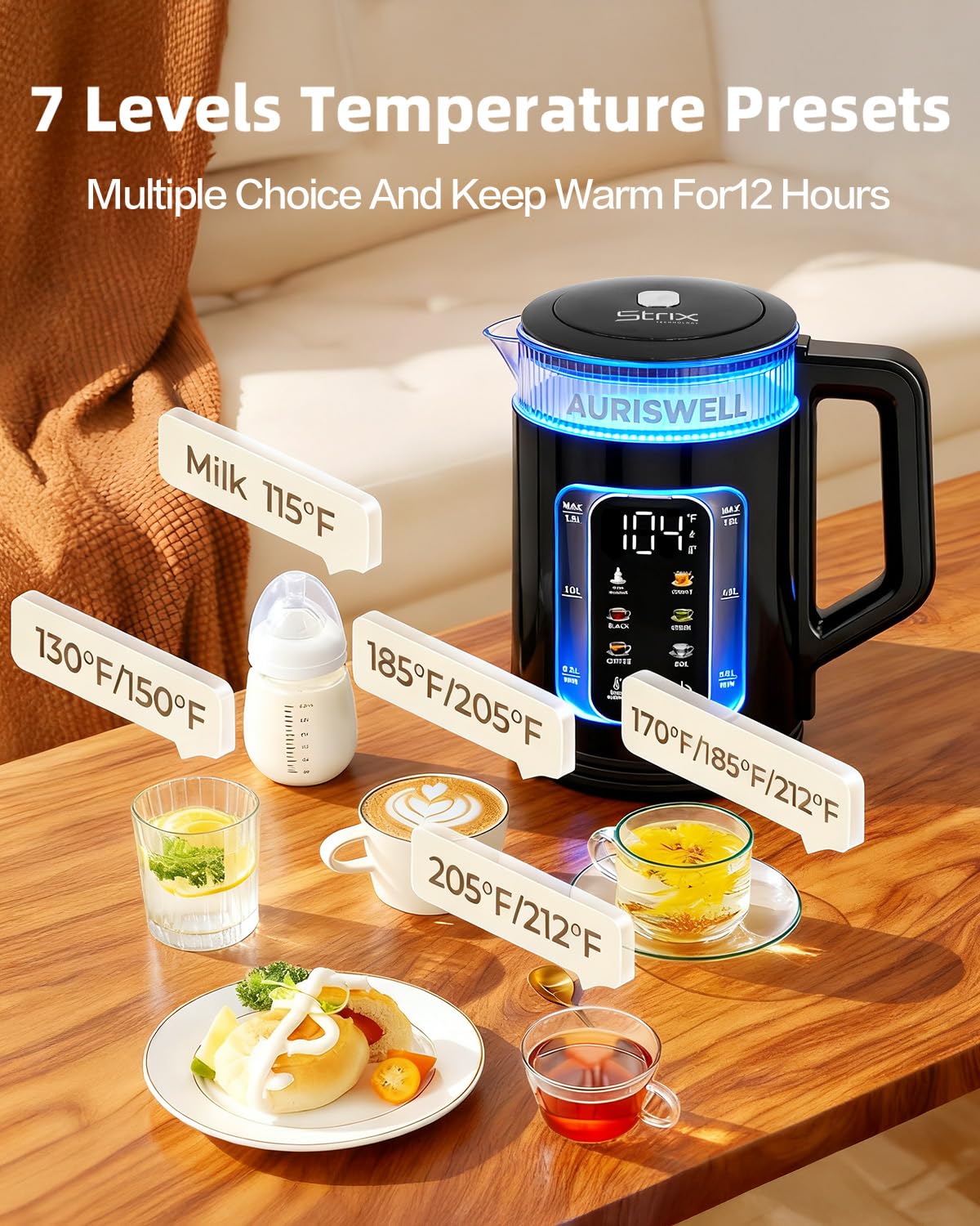 Auriswell Electric Tea Kettle with Temperature Control, Glass smart Water Boiler for Tea, Coffee & Boil, Automatic Shut Off, 12h Keep Warm & One-Touch 6 Presets