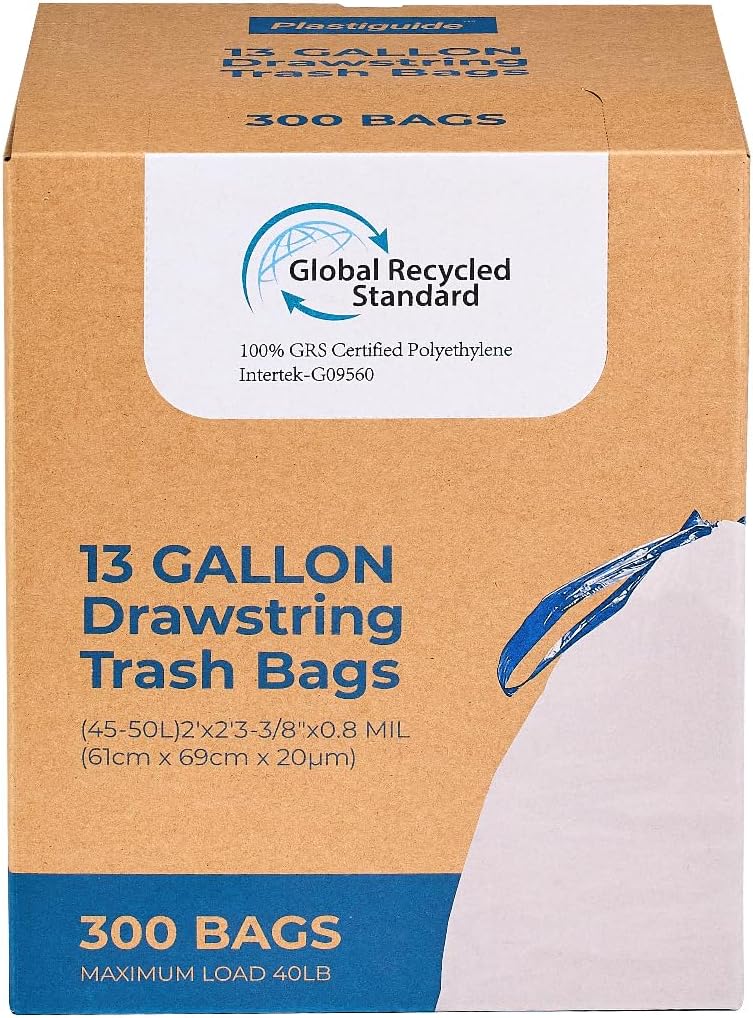Regine Switzerland Tall Kitchen Drawstring Trash Bags - 300 Count, 13 Gallon, 100% Recycled, Unscented, White