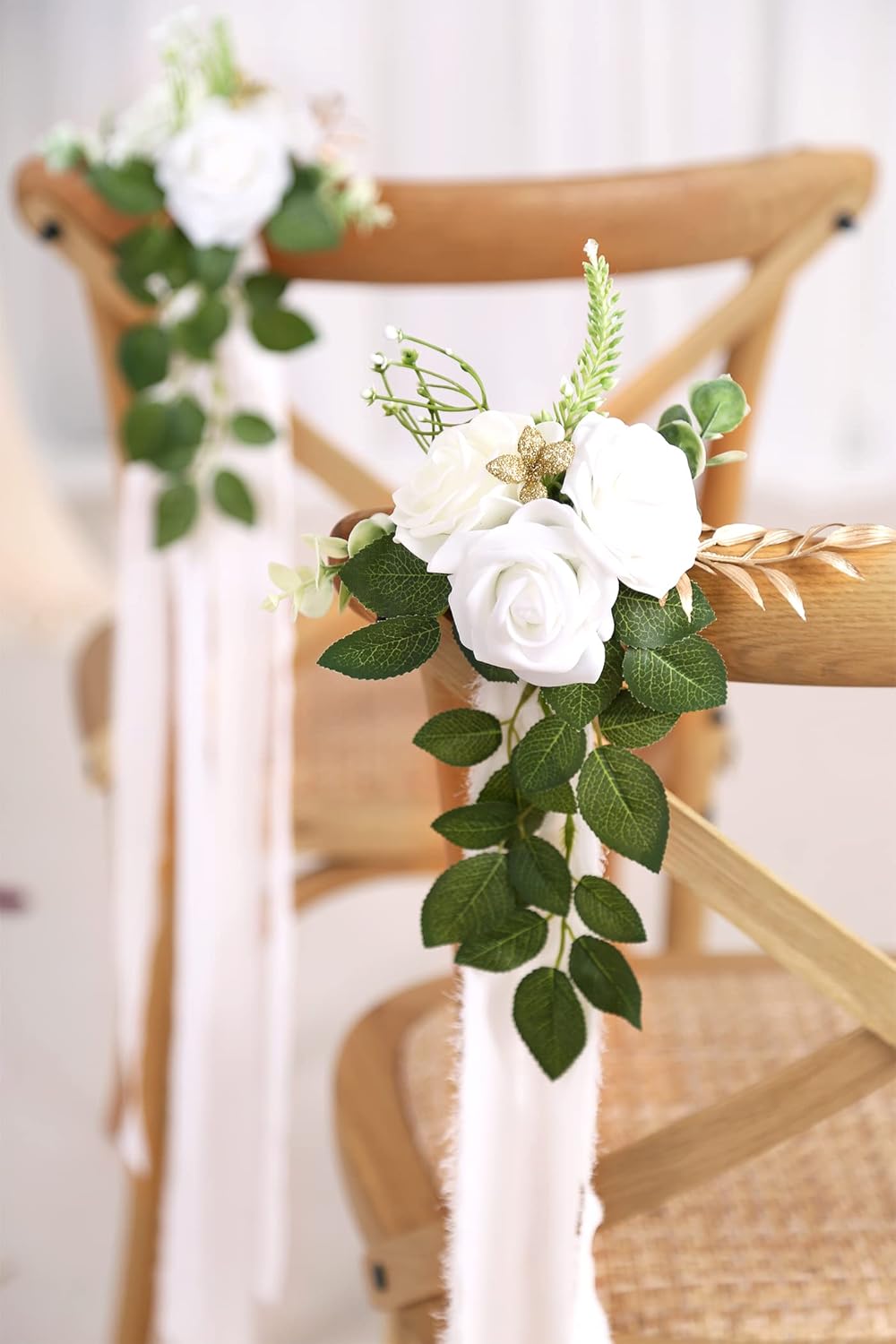 Regine Switzerland Wedding Aisle Decorations - Set of 10 Pew Flowers with Eucalyptus & Ribbons in White