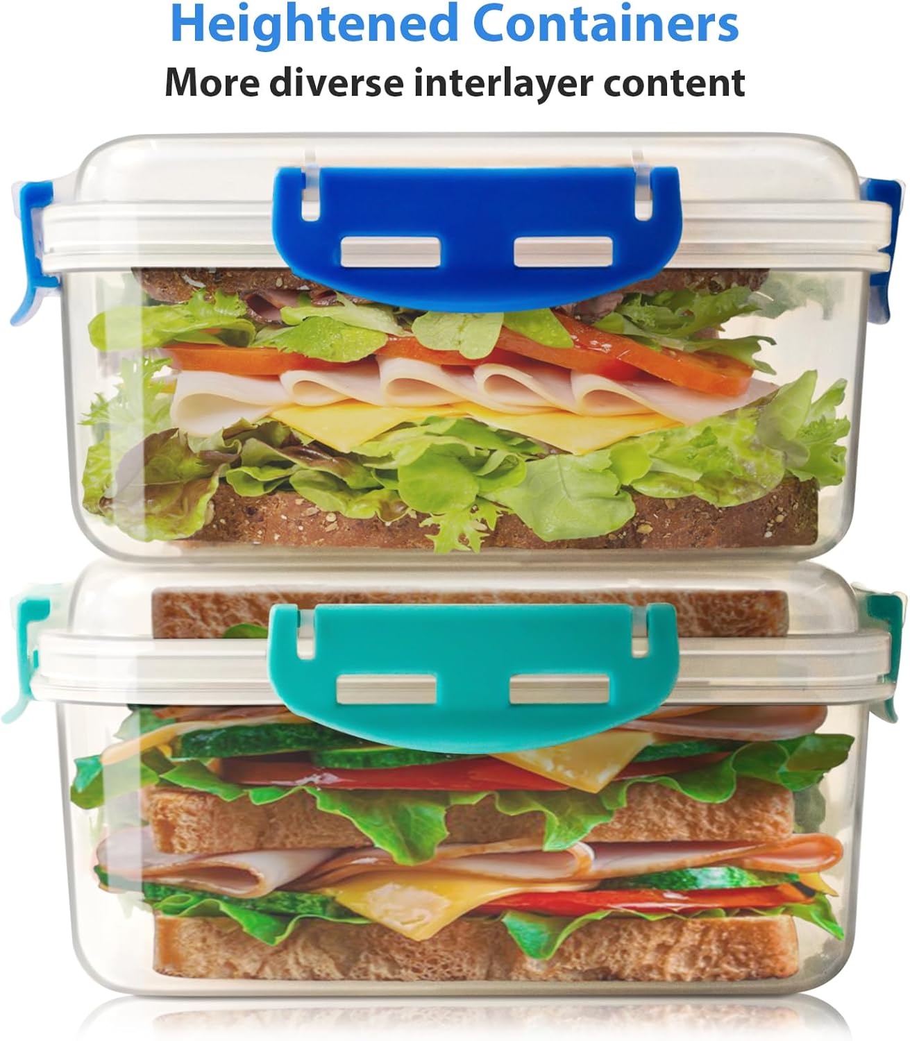 Skiennix 4 PCS Sandwich Containers - 100% Airtight, BPA-Free, Microwave & Dishwasher Safe | Upgraded Snaps, 2 Heightened & 2 Standard