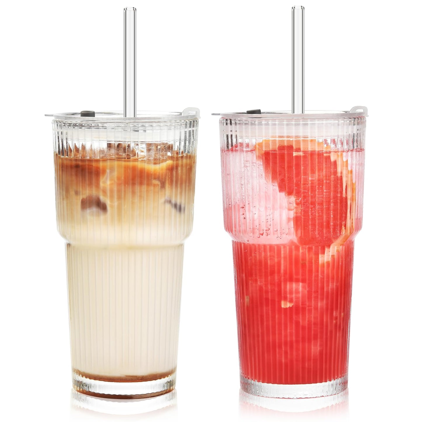 ALINK 20 oz Ribbed Glass Tumbler with Lids and Straws, Ripple Iced Coffee Cups, Thickened Drinking Glasses for Coffee, Smoothies, Cocktail, Juice, Cold Drinks, Pack of 2 - Clear