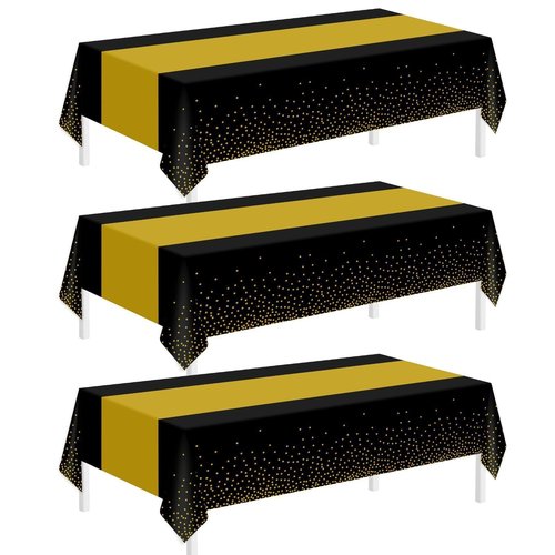 Childom 3 Pack Graduation Tablecloth,Graduation Decorations Class of 2026 Graduation Party Decorations,54"x108" Black and Gold Plastic Table Cloth Disposable for Home,School,Birthday,Wedding,Parties