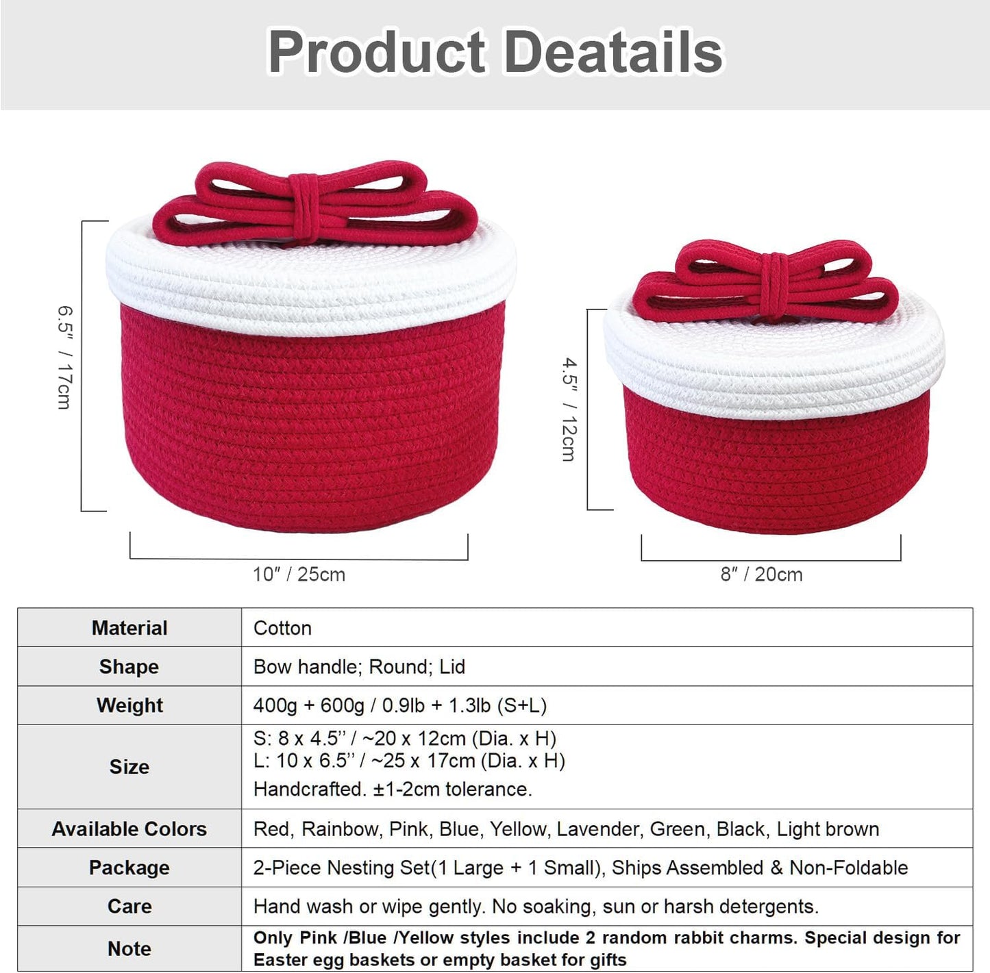 Skiennix Round Woven Rope Storage Basket - Cute Lid & Bow Handle - Ideal for Toys & Home Decor - Red