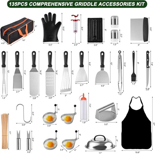Blackstone 139PCS Griddle Accessories Set - Premium Flat Top Grill Tools with Metal Spatula & Basting Cover