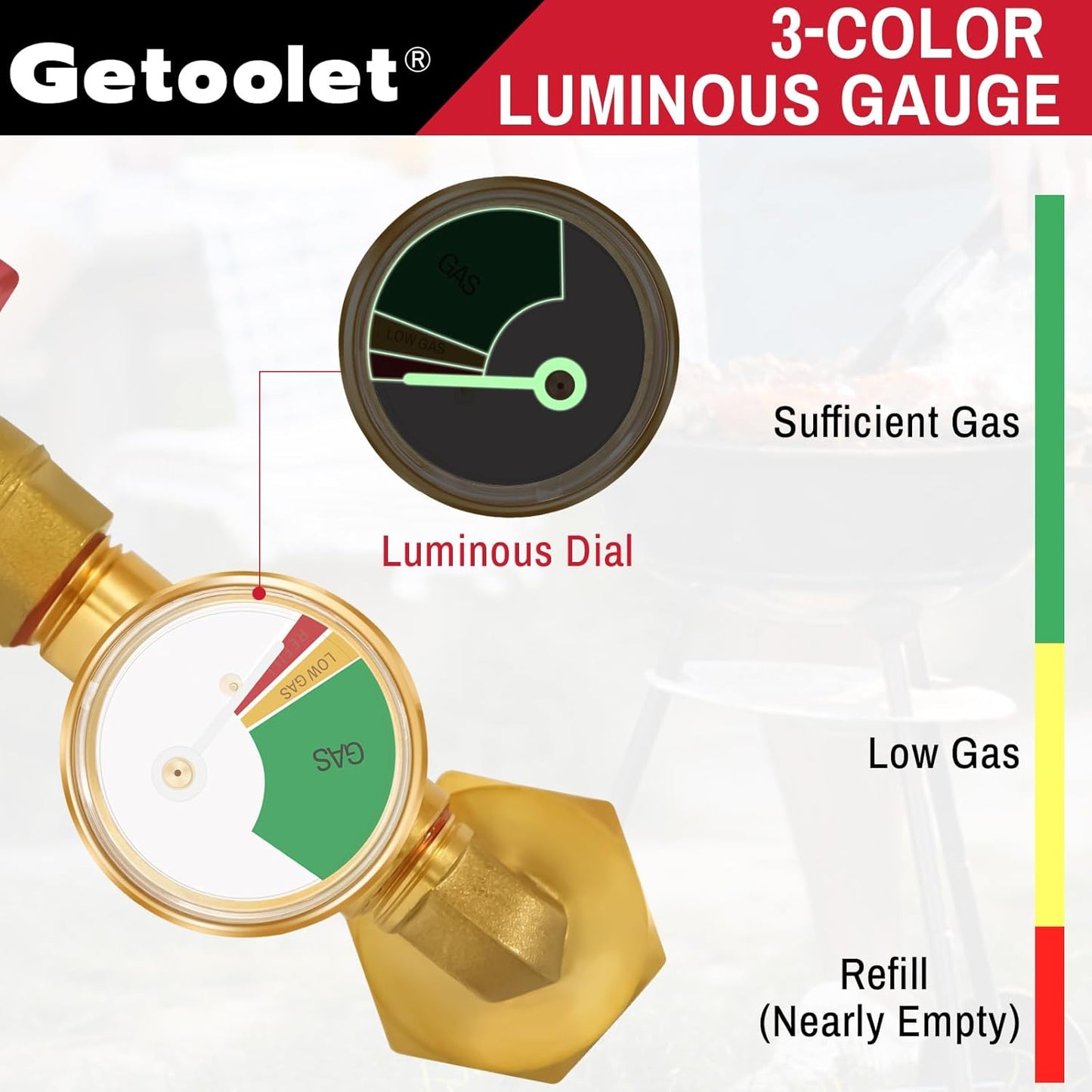 Propane Refill Adapter - Skiennix 1 lb Tank Converter with Valve & Gauge - Brass with 4 Caps