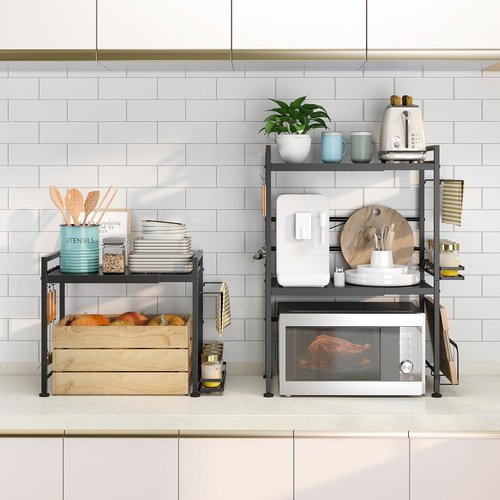 DOLALIKE Microwave Oven Rack - Expandable Kitchen Stand with 6 Hooks for Utensil Storage | Carbon Steel