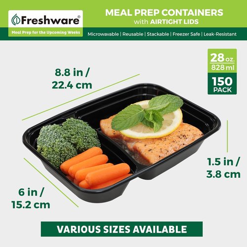 Freshware Meal Prep Containers - 150 Pack | 2-Compartment Bento Box, BPA-Free, Stackable, Microwave Safe (28 oz)