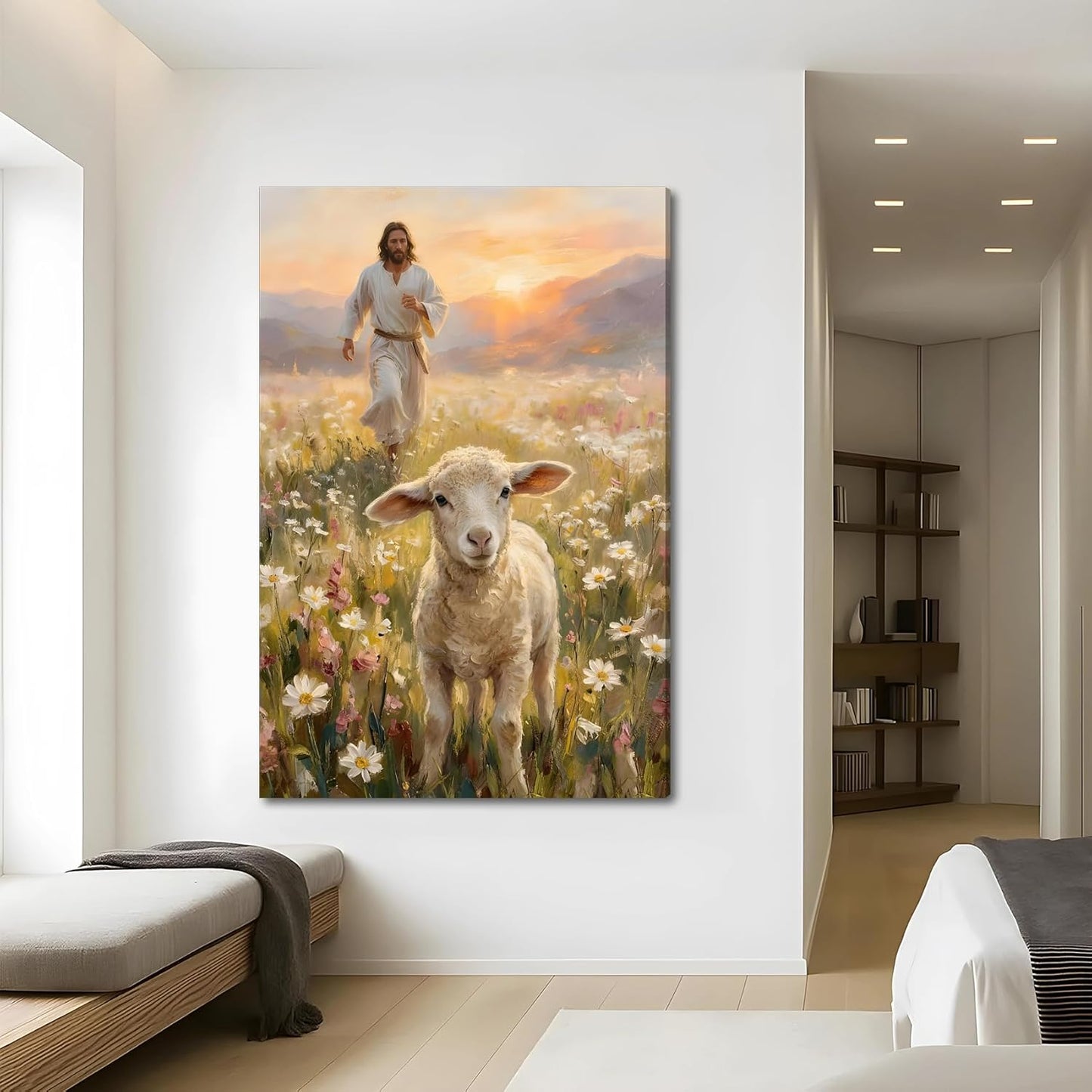 SIXWOOD Canvas Wall Art - Jesus Seeking Lost Sheep | Framed Christian Decor for Living Room, 12x16 in