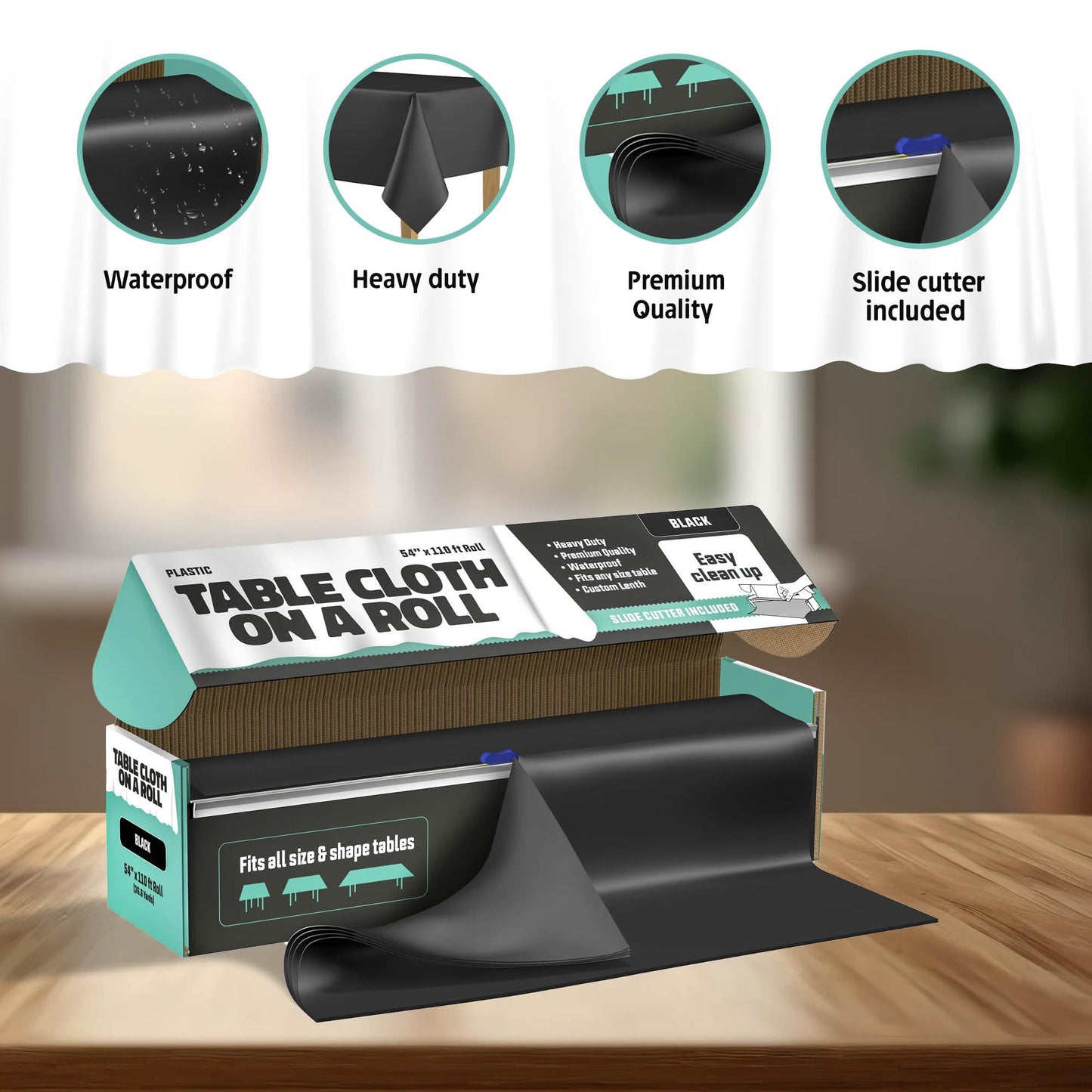 Tablecloth Roll – 54" X 110' Black Premium Plastic Table Cloths with Cutter Box - Cut to Size - Decorative Rectangle Table Cover Smooth Tablecloth - Disposable Tablecloths for Parties, Weddings.