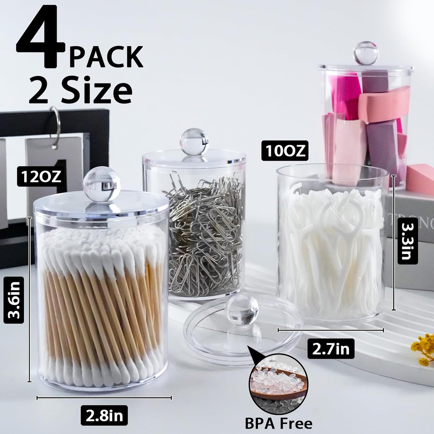 XIPENGKEJI Qtip Holder Set - 4 Pack Apothecary Jars with Lids for Bathroom Organization | 10oz-12oz Canisters
