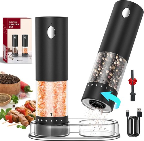 CIRCLE JOY Electric Salt and Pepper Grinder Set - Rechargeable Mills with 6-Level Coarseness Adjustment, LED Light & Storage Base - Black