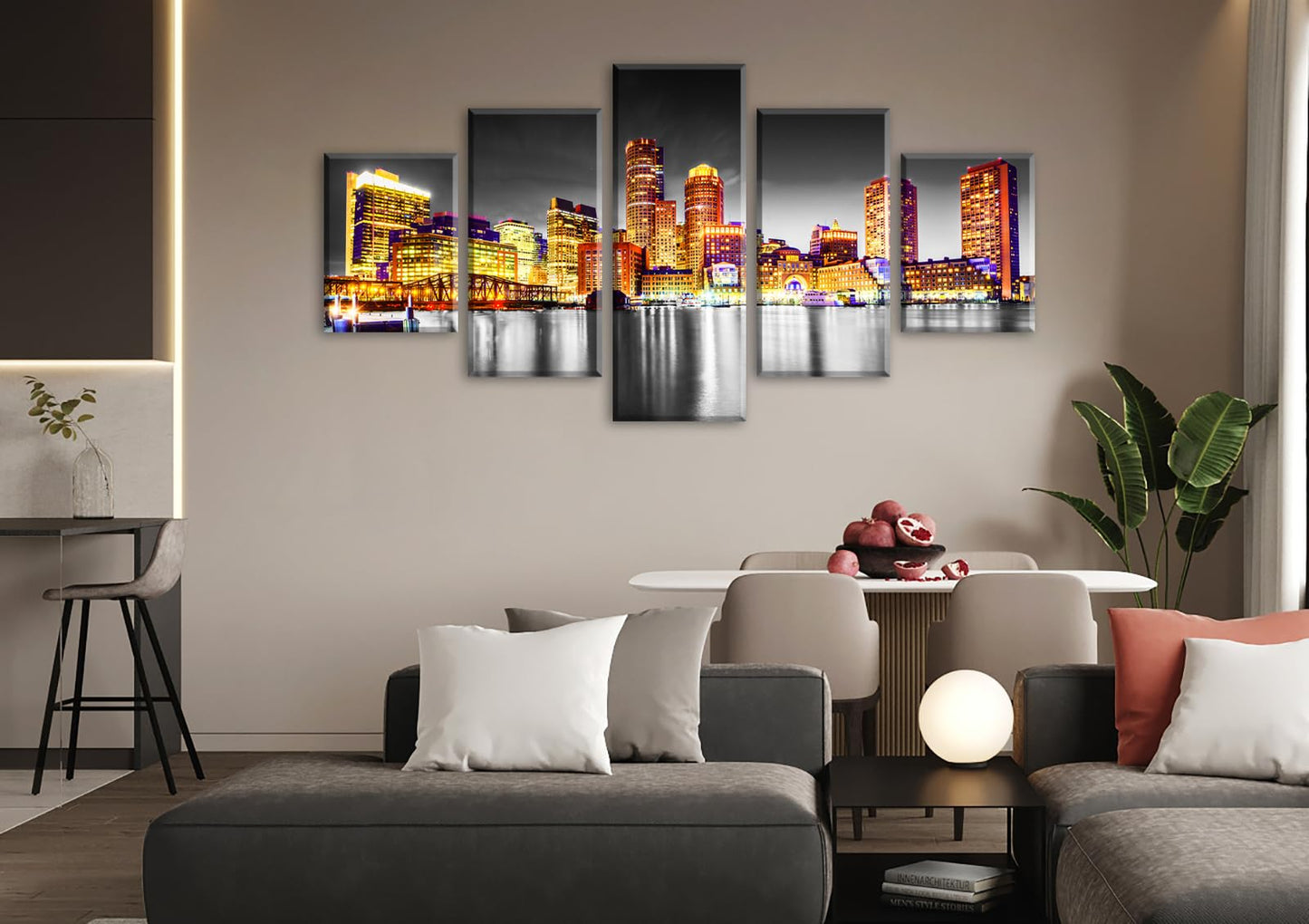 JiazuGo Living Room Wall Decor - Black and White Wall Art Boston City Pictures for Bedroom Large Size Boston Skyline Landscape Canvas Posters with Frame Ready to Hang(60" Wx 32" H)