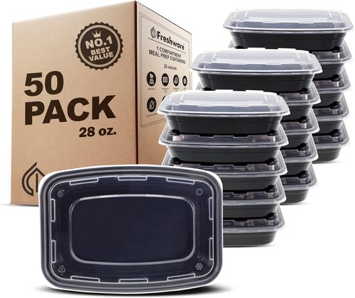 Freshware Meal Prep Containers - 50 Pack 1 Compartment Food Storage Bento Boxes | BPA Free, Stackable, Microwave Safe (28 oz)
