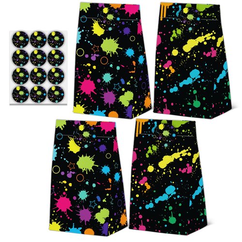24 Pcs Neon Goodie Bags Glow in The Dark Theme Party Gift Bags with Stickers -Neon Themed Birthday Party Favor for Birthday Decoration Supplies