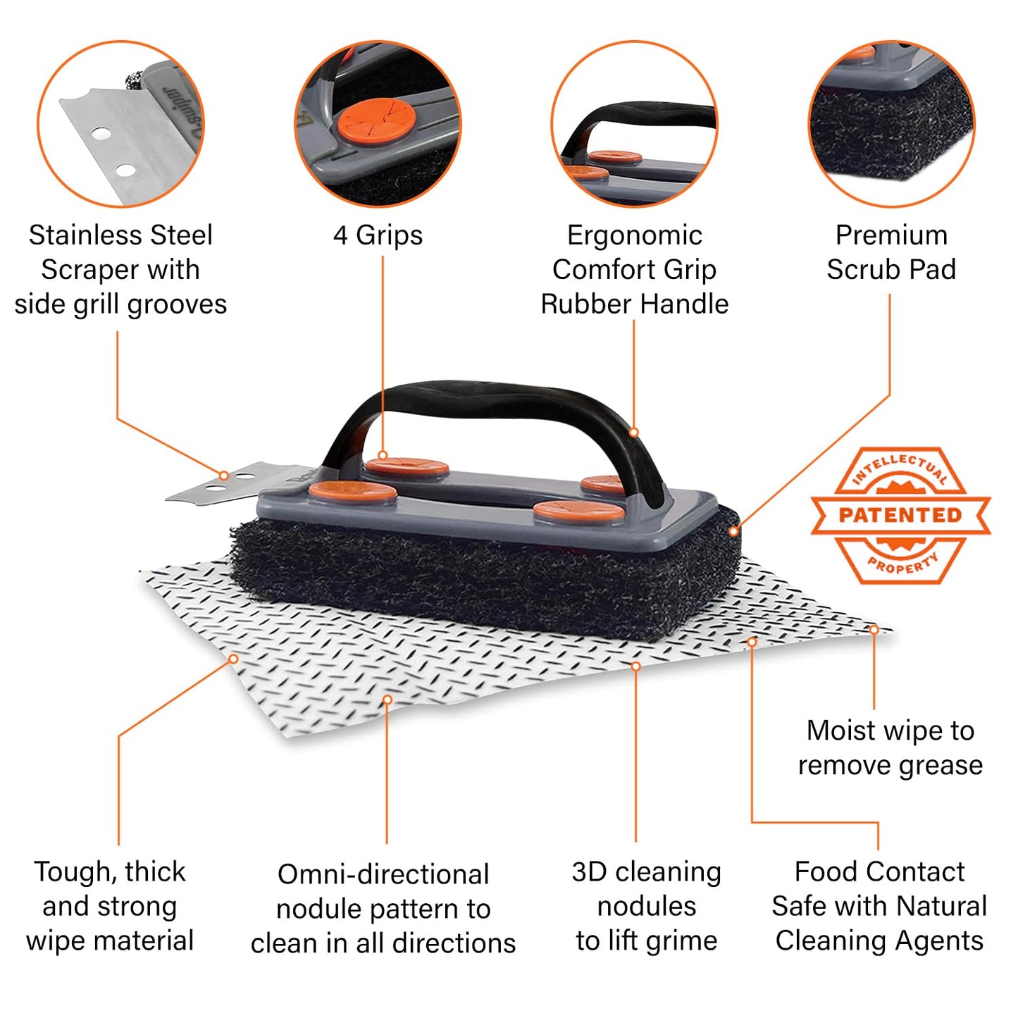 Proud Grill Q-Swiper BBQ Grill Cleaner Set - Bristle-Free Brush & 25 Safe Cleaning Wipes | Perfect for Grease Removal