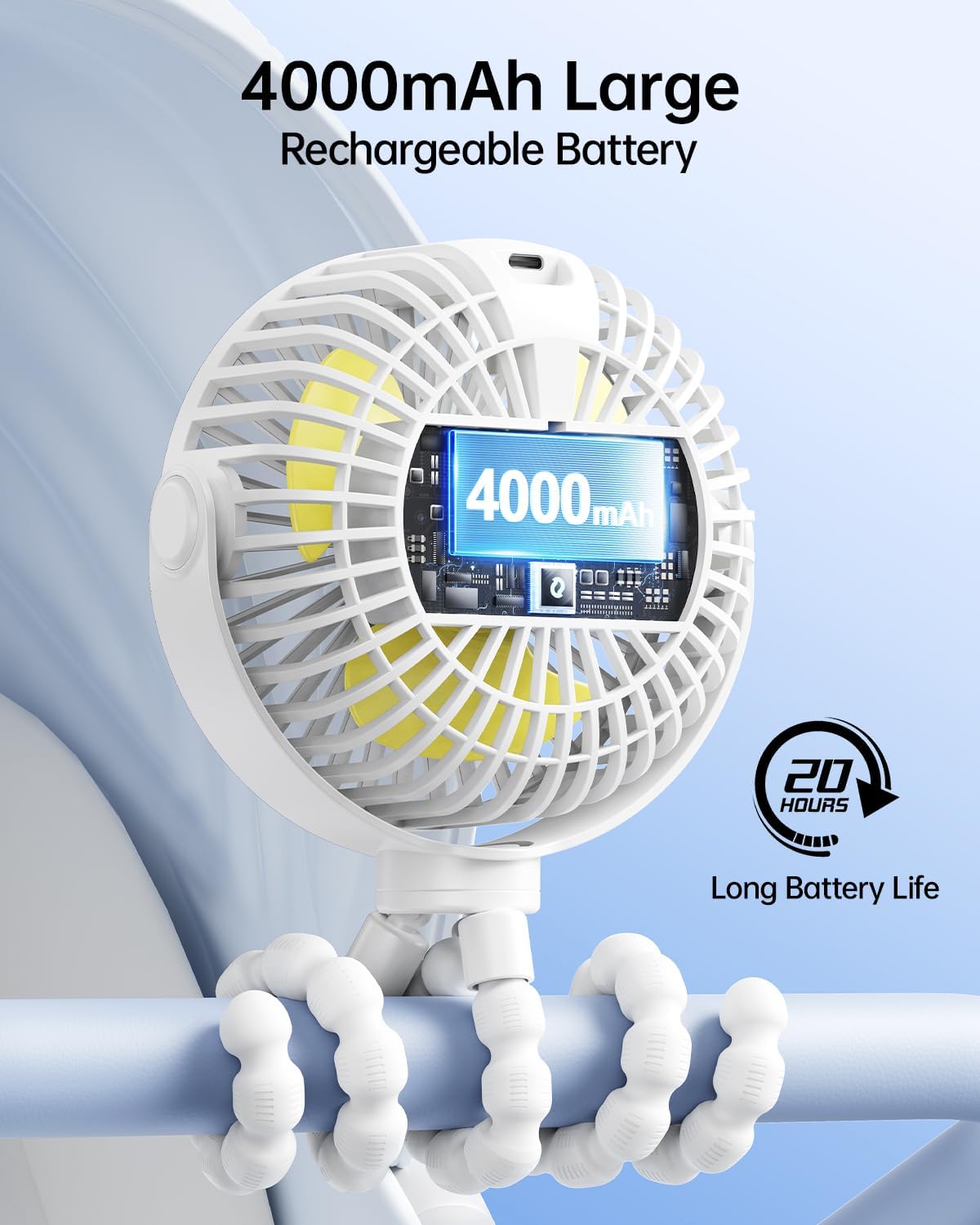 SWEETFULL Portable Stroller Fan - 4-Speed Rechargeable Mini Clip-On Fan with LED Display | 360° Rotation, White