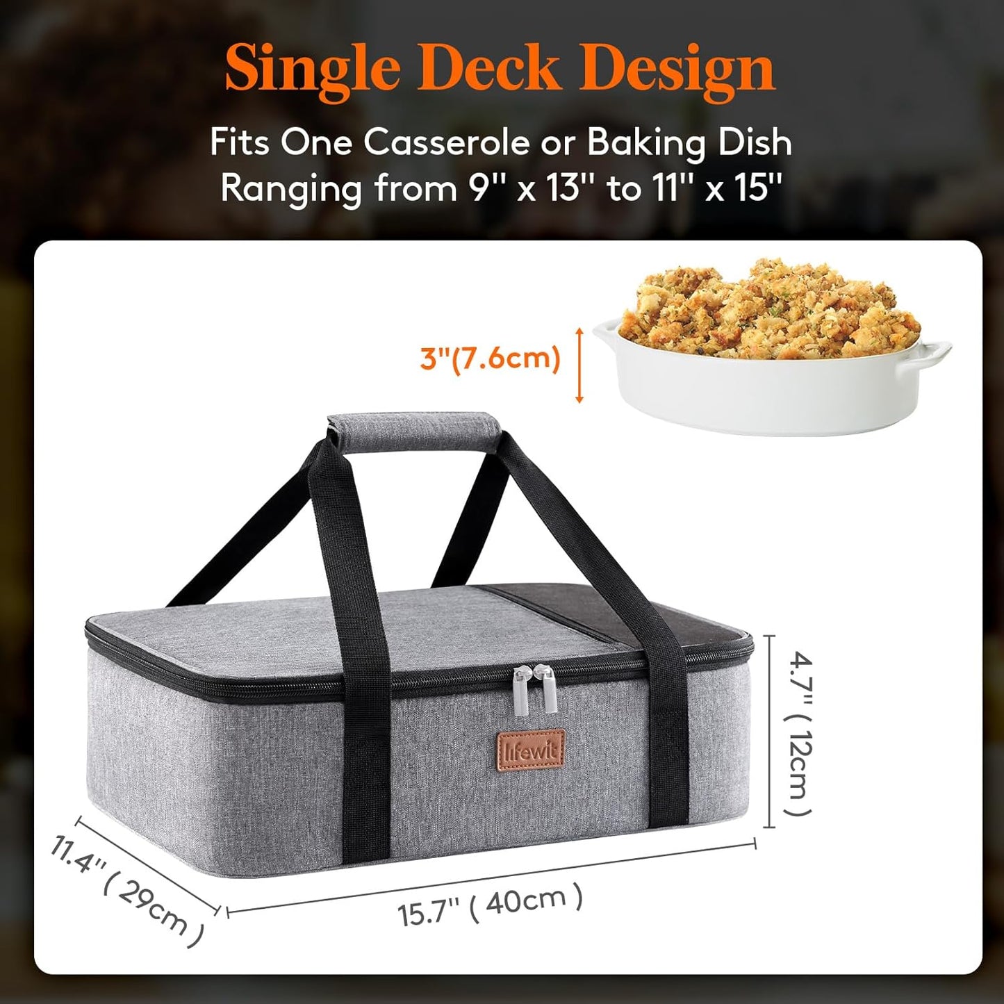 Lifewit Insulated Casserole Carrier - Keeps Food Hot or Cold | Fits 9"x13" Baking Dish - Grey